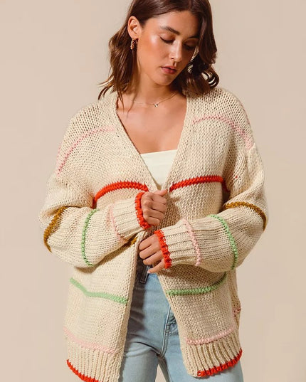 SO ME Loose Fit Multi Stripe Open Front Cardigan - Sleekdenim.com