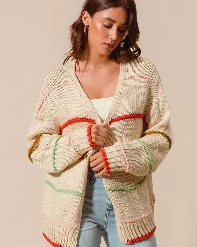 SO ME Loose Fit Multi Stripe Open Front Cardigan - Sleekdenim.com