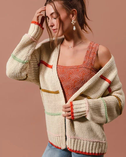 SO ME Loose Fit Multi Stripe Open Front Cardigan - Sleekdenim.com