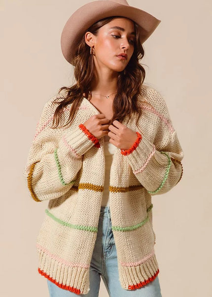 SO ME Loose Fit Multi Stripe Open Front Cardigan - Sleekdenim.com