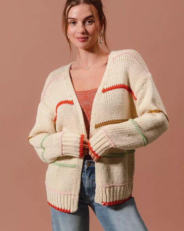 SO ME Loose Fit Multi Stripe Open Front Cardigan - Sleekdenim.com