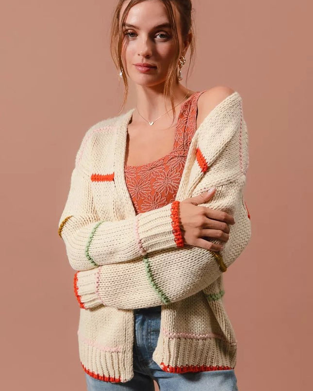 SO ME Loose Fit Multi Stripe Open Front Cardigan - Sleekdenim.com