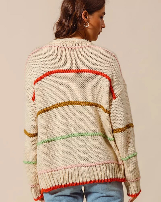 SO ME Loose Fit Multi Stripe Open Front Cardigan - Sleekdenim.com