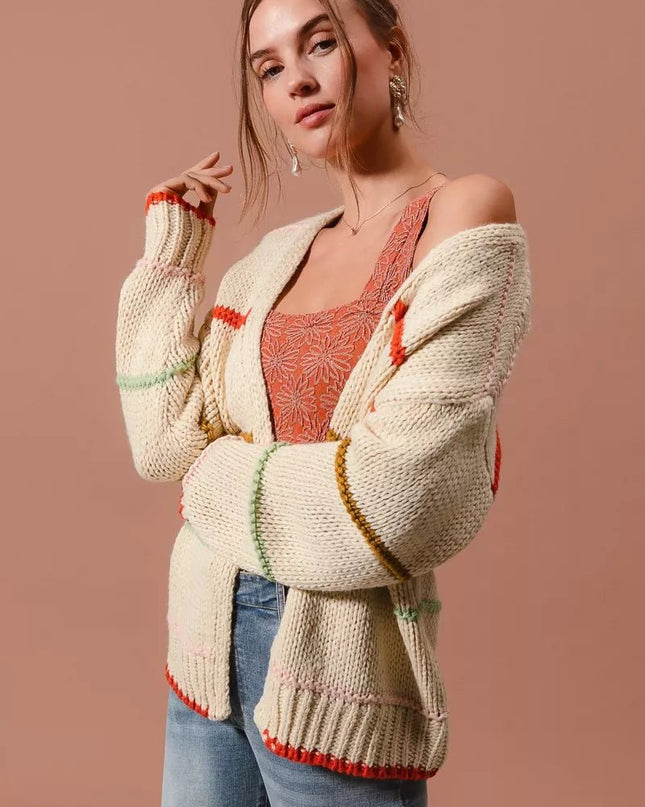 SO ME Loose Fit Multi Stripe Open Front Cardigan - Sleekdenim.com