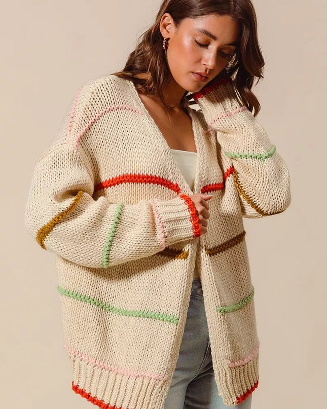 SO ME Loose Fit Multi Stripe Open Front Cardigan - Sleekdenim.com