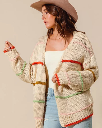 SO ME Loose Fit Multi Stripe Open Front Cardigan - Sleekdenim.com