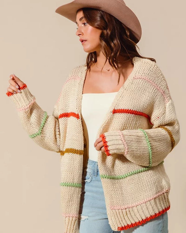 SO ME Loose Fit Multi Stripe Open Front Cardigan - Sleekdenim.com