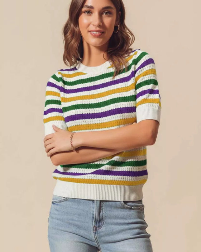 SO ME Mardi Gras Crew Neck Stripe Breathable Sweater - Sleekdenim.com