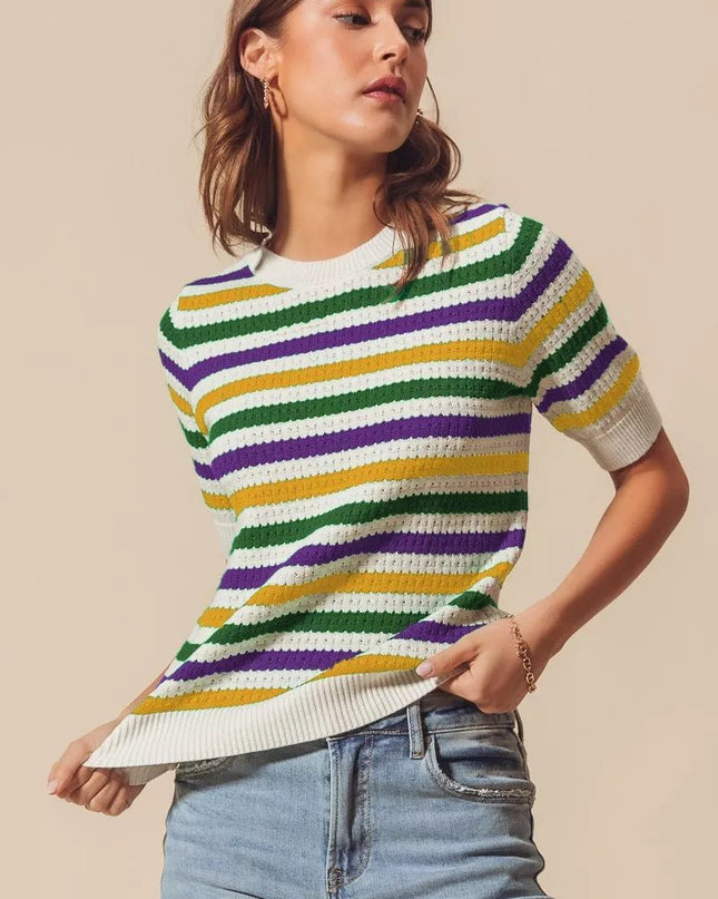 SO ME Mardi Gras Crew Neck Stripe Breathable Sweater - Sleekdenim.com
