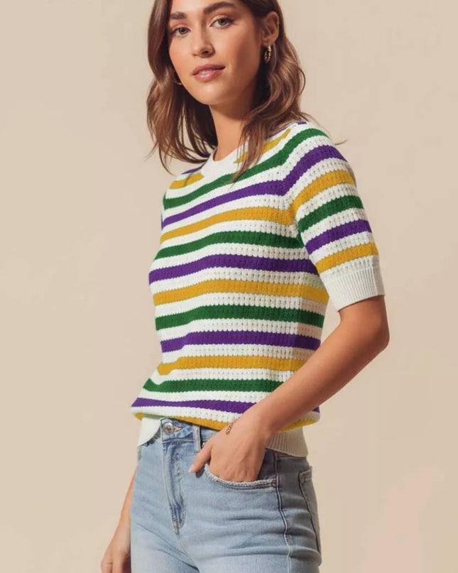 SO ME Mardi Gras Crew Neck Stripe Breathable Sweater - Sleekdenim.com