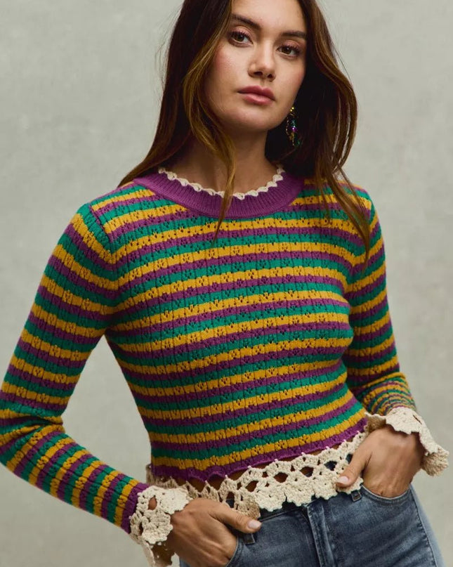 SO ME Mardi Gras Striped Cropped Knit Top with Crochet Edge - Sleekdenim.com