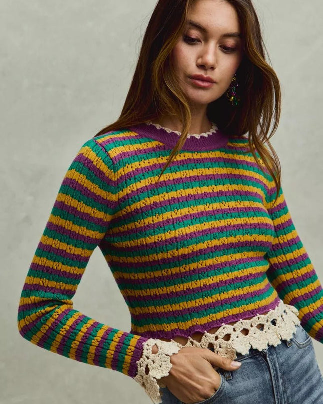 SO ME Mardi Gras Striped Cropped Knit Top with Crochet Edge - Sleekdenim.com