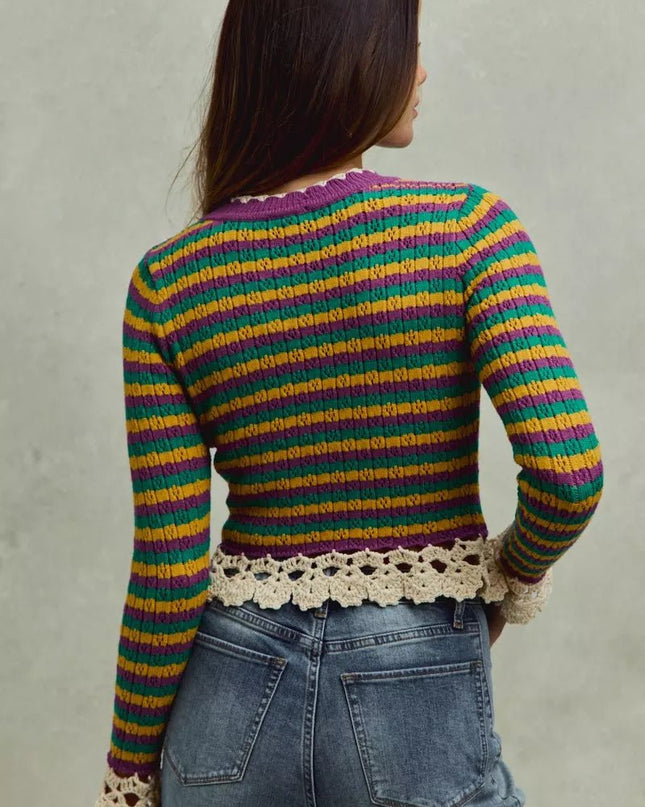 SO ME Mardi Gras Striped Cropped Knit Top with Crochet Edge - Sleekdenim.com