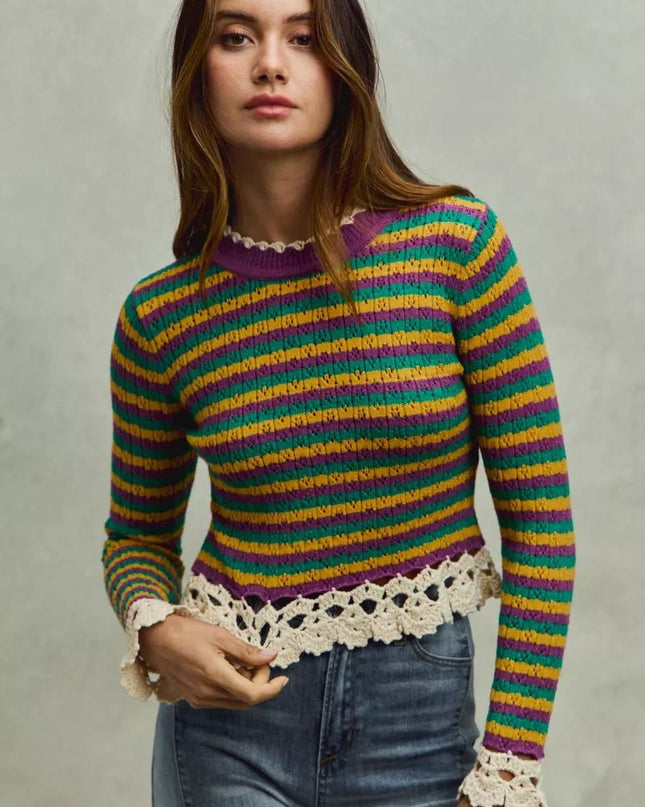 SO ME Mardi Gras Striped Cropped Knit Top with Crochet Edge - Sleekdenim.com