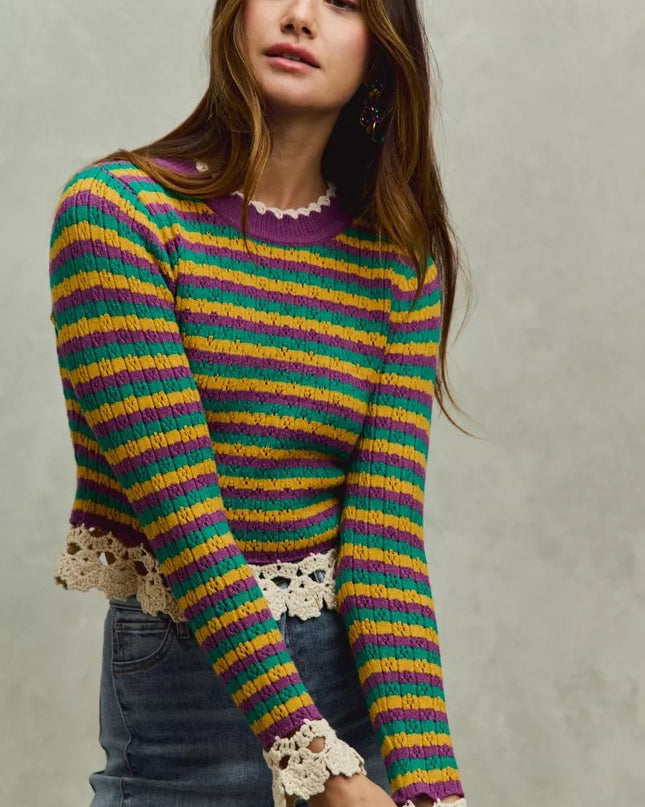 SO ME Mardi Gras Striped Cropped Knit Top with Crochet Edge - Sleekdenim.com