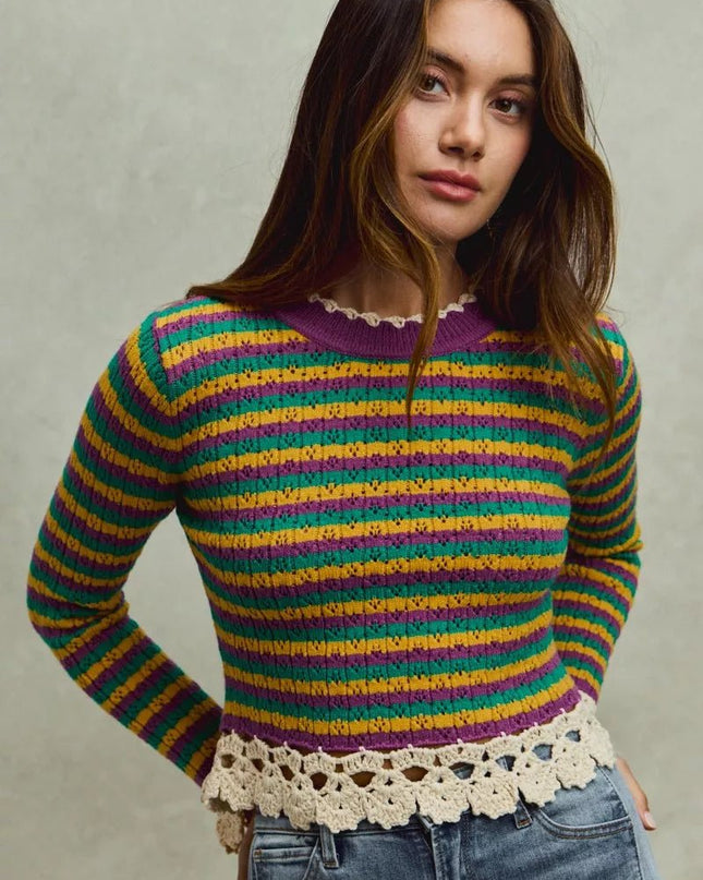 SO ME Mardi Gras Striped Cropped Knit Top with Crochet Edge - Sleekdenim.com