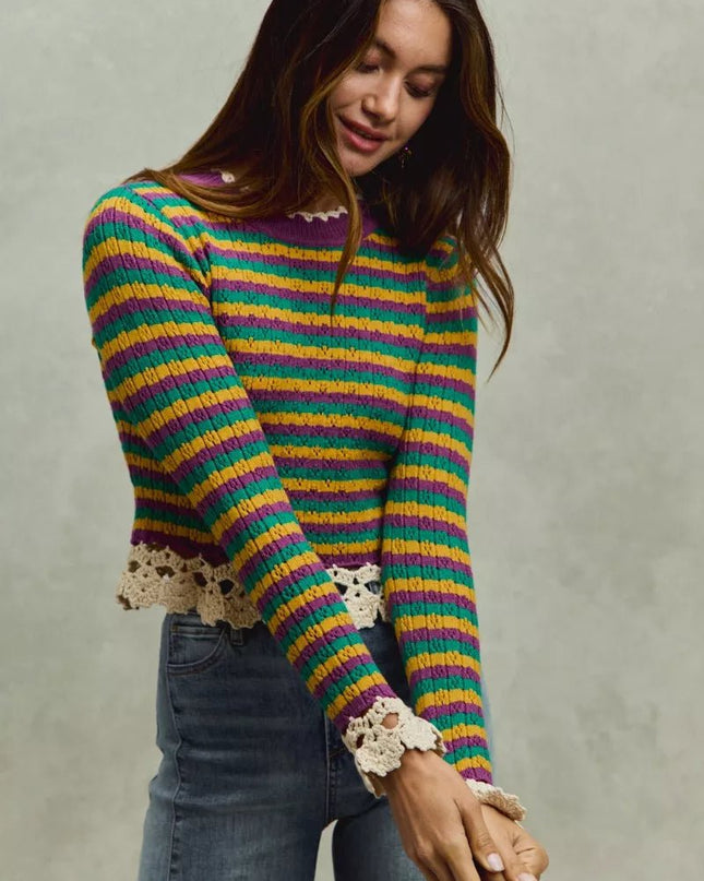 SO ME Mardi Gras Striped Cropped Knit Top with Crochet Edge - Sleekdenim.com