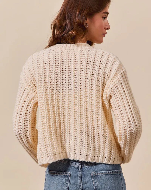 SO ME Metal Button Long Sleeve Chunky Sweater Cardigan - Sleekdenim.com