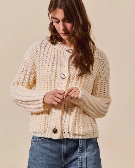 SO ME Metal Button Long Sleeve Chunky Sweater Cardigan - Sleekdenim.com