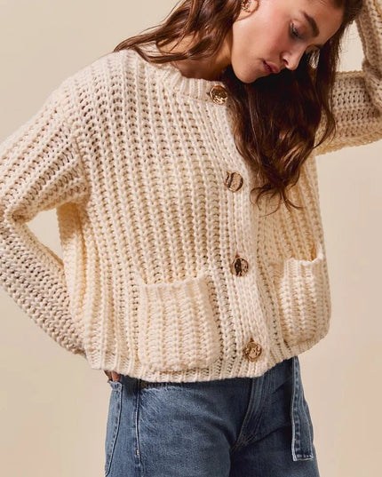 SO ME Metal Button Long Sleeve Chunky Sweater Cardigan - Sleekdenim.com
