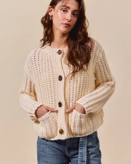 SO ME Metal Button Long Sleeve Chunky Sweater Cardigan - Sleekdenim.com
