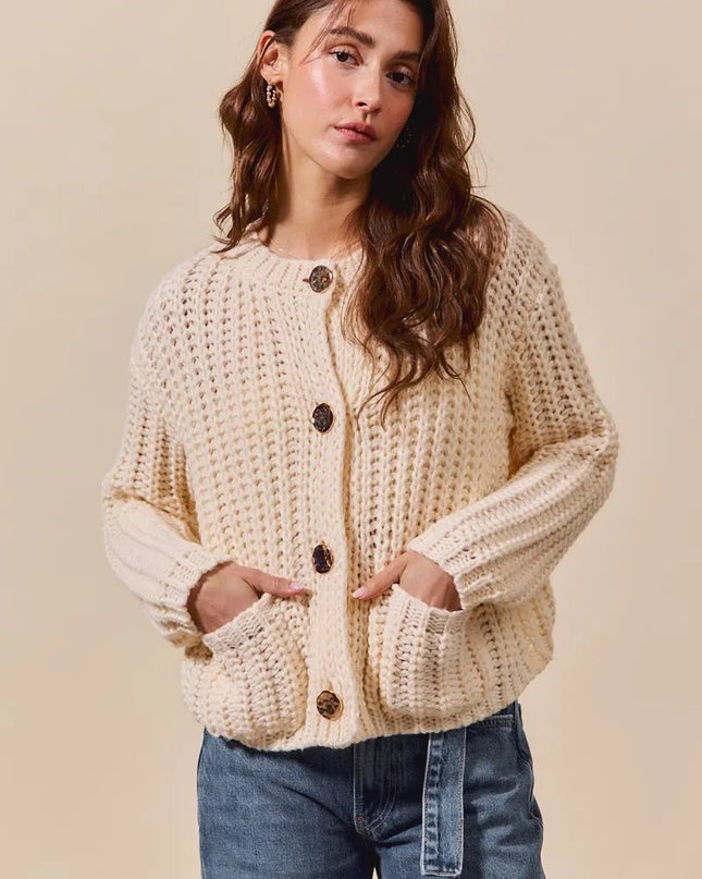 SO ME Metal Button Long Sleeve Chunky Sweater Cardigan - Sleekdenim.com