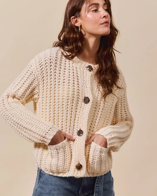 SO ME Metal Button Long Sleeve Chunky Sweater Cardigan - Sleekdenim.com