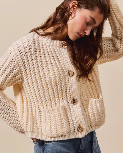 SO ME Metal Button Long Sleeve Chunky Sweater Cardigan - Sleekdenim.com