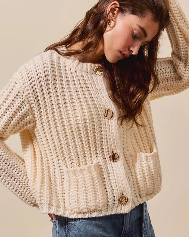 SO ME Metal Button Long Sleeve Chunky Sweater Cardigan - Sleekdenim.com