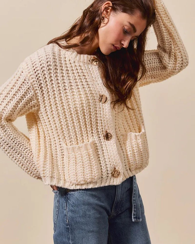SO ME Metal Button Long Sleeve Chunky Sweater Cardigan - Sleekdenim.com