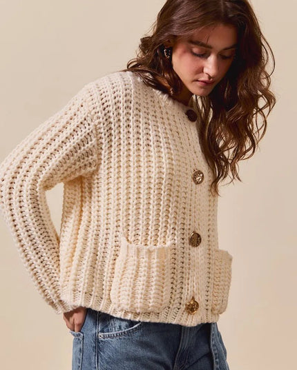 SO ME Metal Button Long Sleeve Chunky Sweater Cardigan - Sleekdenim.com