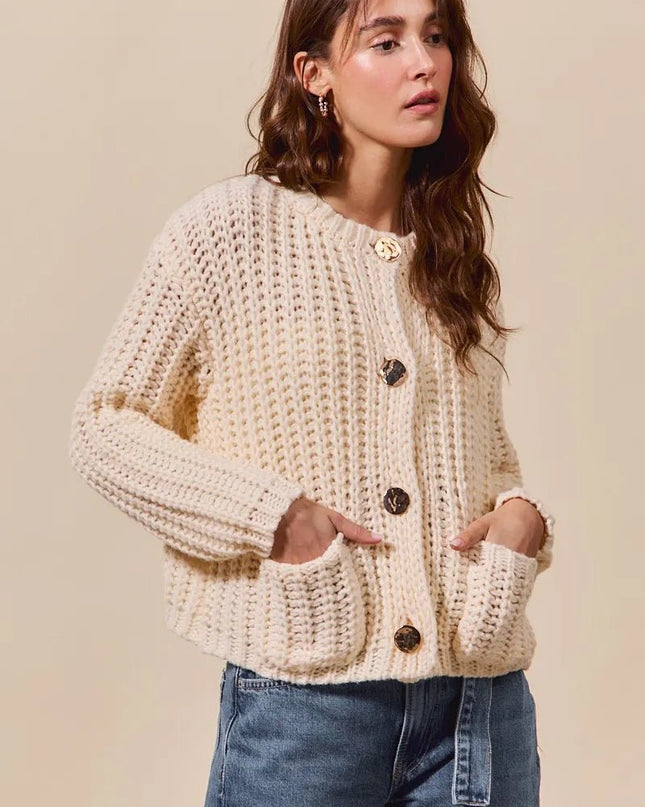 SO ME Metal Button Long Sleeve Chunky Sweater Cardigan - Sleekdenim.com