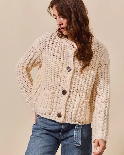 SO ME Metal Button Long Sleeve Chunky Sweater Cardigan - Sleekdenim.com