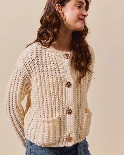 SO ME Metal Button Long Sleeve Chunky Sweater Cardigan - Sleekdenim.com