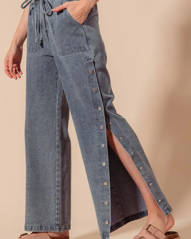 SO ME Mid Rise Drawstring Jeans with Side Snap Button - Sleekdenim.com