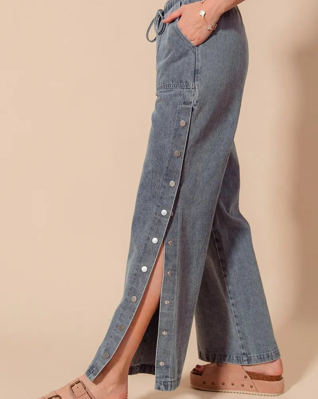 SO ME Mid Rise Drawstring Jeans with Side Snap Button - Sleekdenim.com