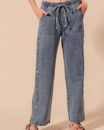 SO ME Mid Rise Drawstring Jeans with Side Snap Button - Sleekdenim.com