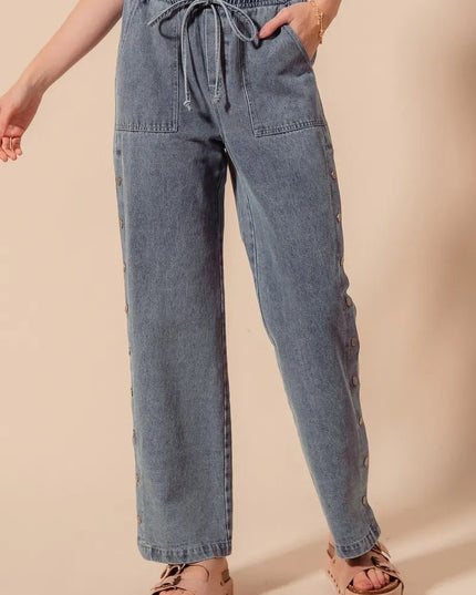 SO ME Mid Rise Drawstring Jeans with Side Snap Button - Sleekdenim.com