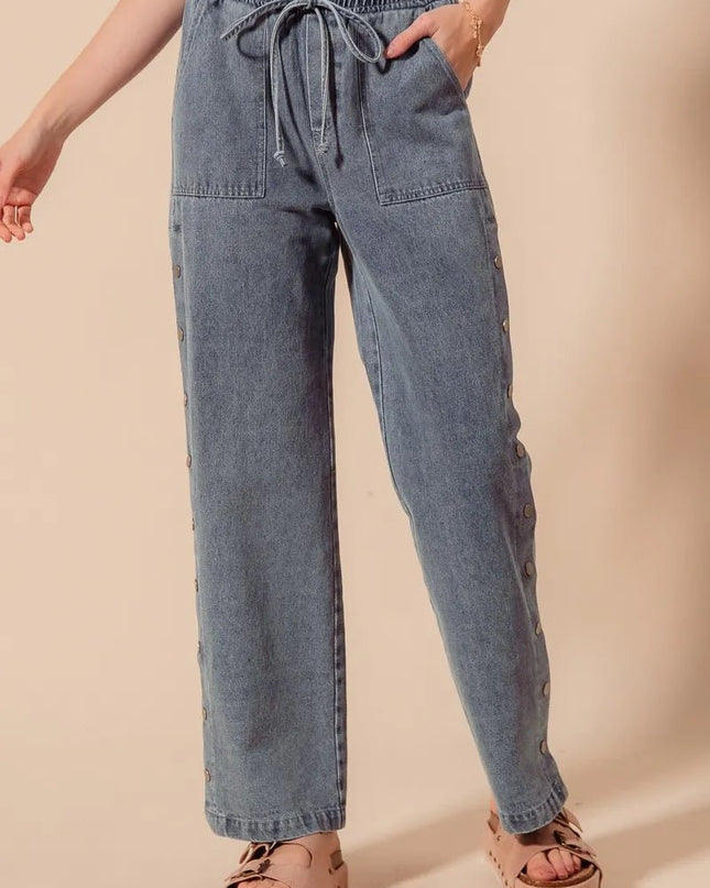 SO ME Mid Rise Drawstring Jeans with Side Snap Button - Sleekdenim.com