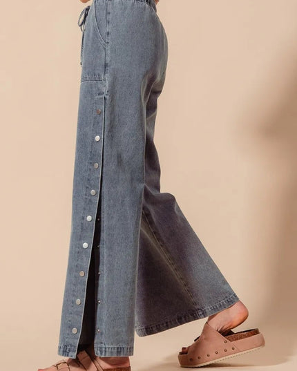 SO ME Mid Rise Drawstring Jeans with Side Snap Button - Sleekdenim.com