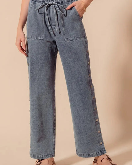 SO ME Mid Rise Drawstring Jeans with Side Snap Button - Sleekdenim.com