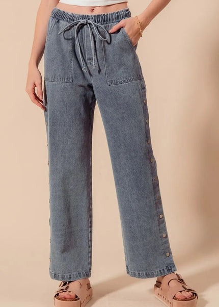 SO ME Mid Rise Drawstring Jeans with Side Snap Button - Sleekdenim.com