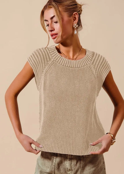 SO ME Mineral Washed Raglan Sleeveless Sweater Top - Sleekdenim.com