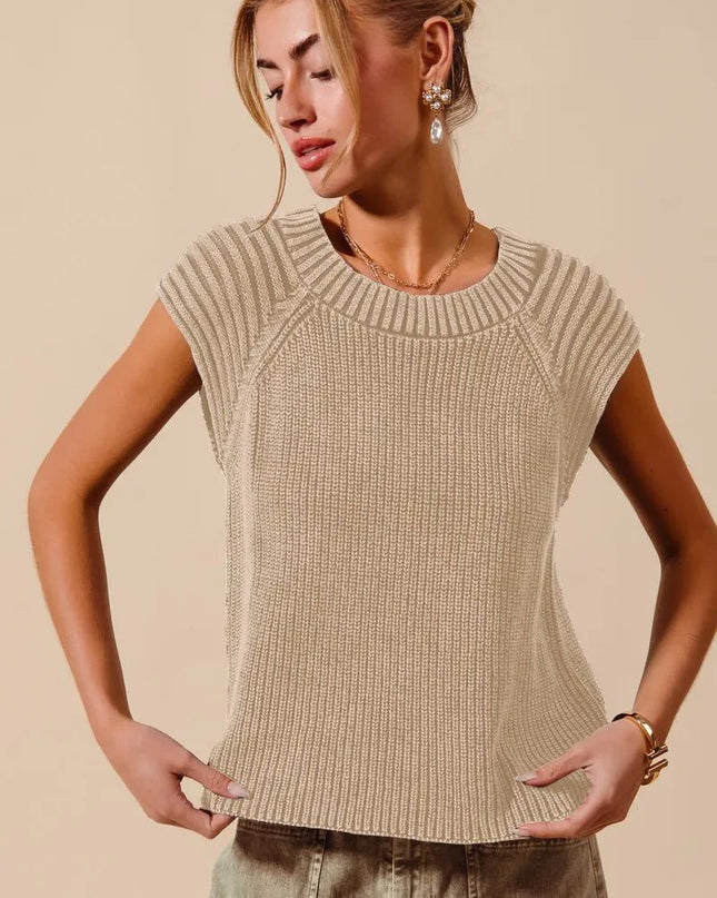 SO ME Mineral Washed Raglan Sleeveless Sweater Top - Sleekdenim.com