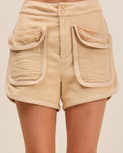 SO ME Mineral Washed Terry High Rise Cargo Shorts - Sleekdenim.com