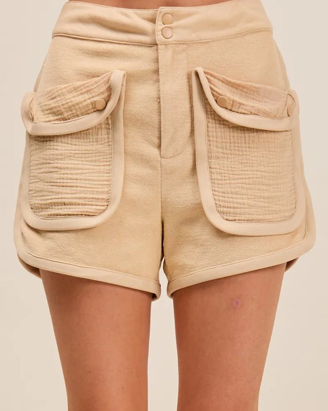 SO ME Mineral Washed Terry High Rise Cargo Shorts - Sleekdenim.com