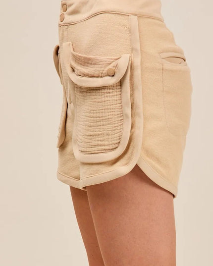 SO ME Mineral Washed Terry High Rise Cargo Shorts - Sleekdenim.com