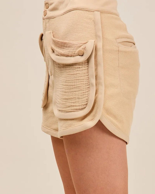 SO ME Mineral Washed Terry High Rise Cargo Shorts - Sleekdenim.com