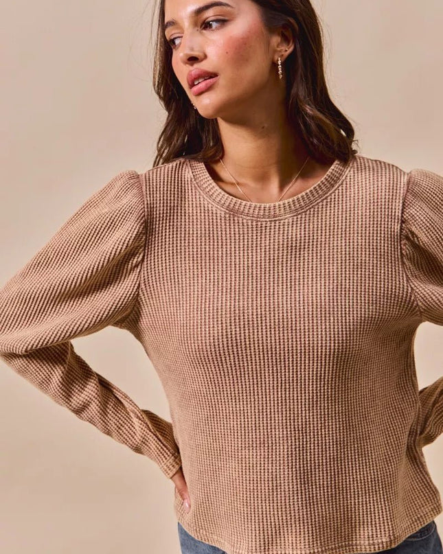 SO ME Mineral Washed Waffle Top With Puff Sleeves - Sleekdenim.com