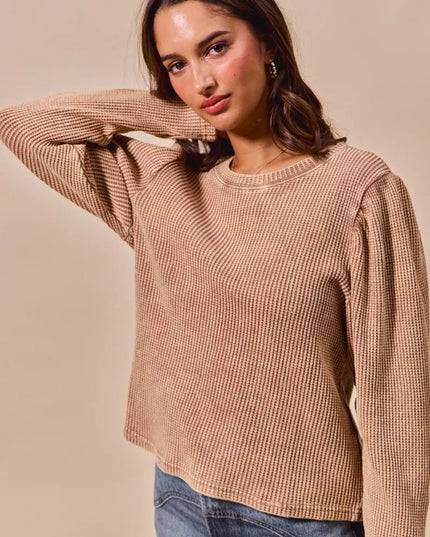 SO ME Mineral Washed Waffle Top With Puff Sleeves - Sleekdenim.com